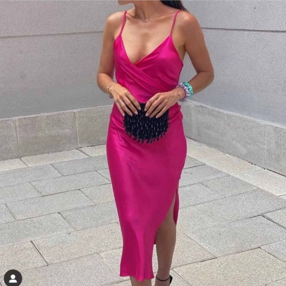 Zara blogger favorite hot pink satin dress